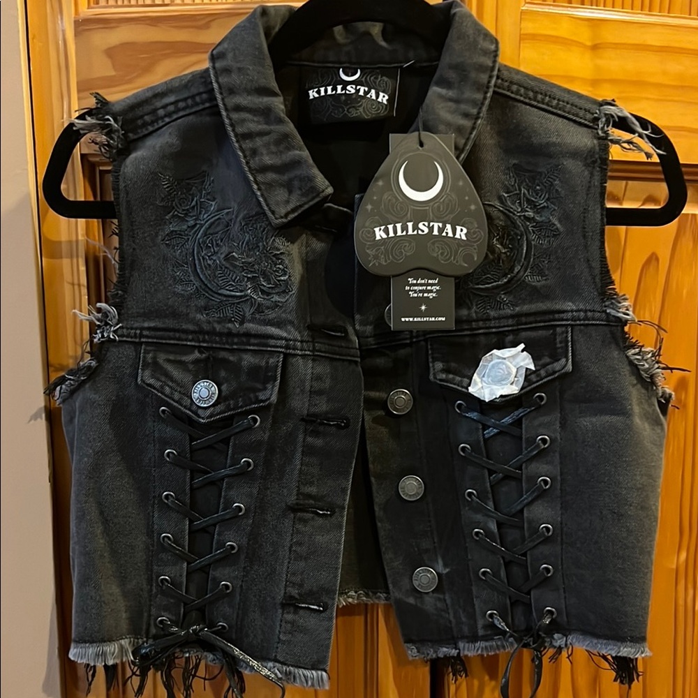 Killstar Charcoal Denim Vest with Lace-Up Sides